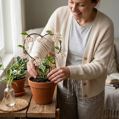femme souriante qui ajuste la plante sur treillis fleur grimpante