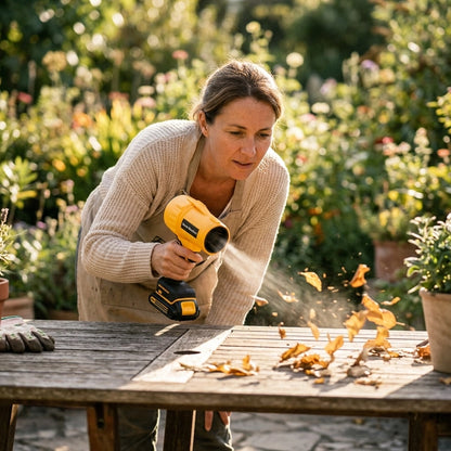 femme utilisant son Souffleur de feuilles sur batterie vue de proche