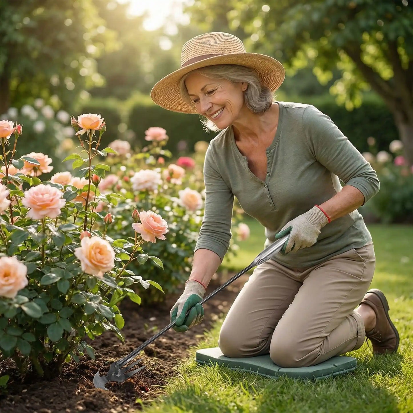femme utilise outil de jardinage binette  dans haie rosier