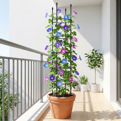 fleurs bleues mauves roses grimpant sur Treillis sur un balcon