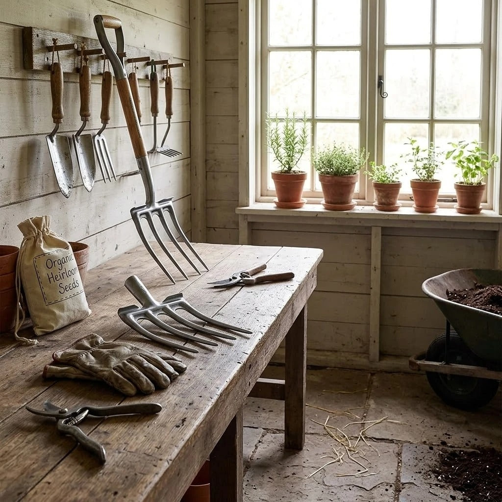 fouche jardinier déposé parmi autres outils  dans maison de jardin