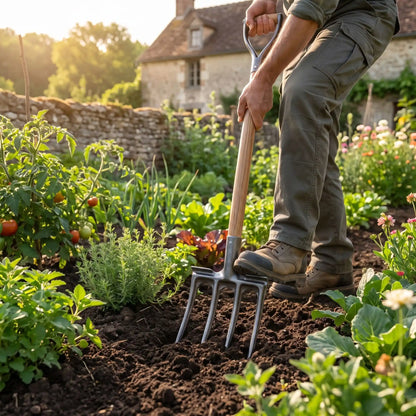 fourche jardinier 4 dents plante dans sol de jardin