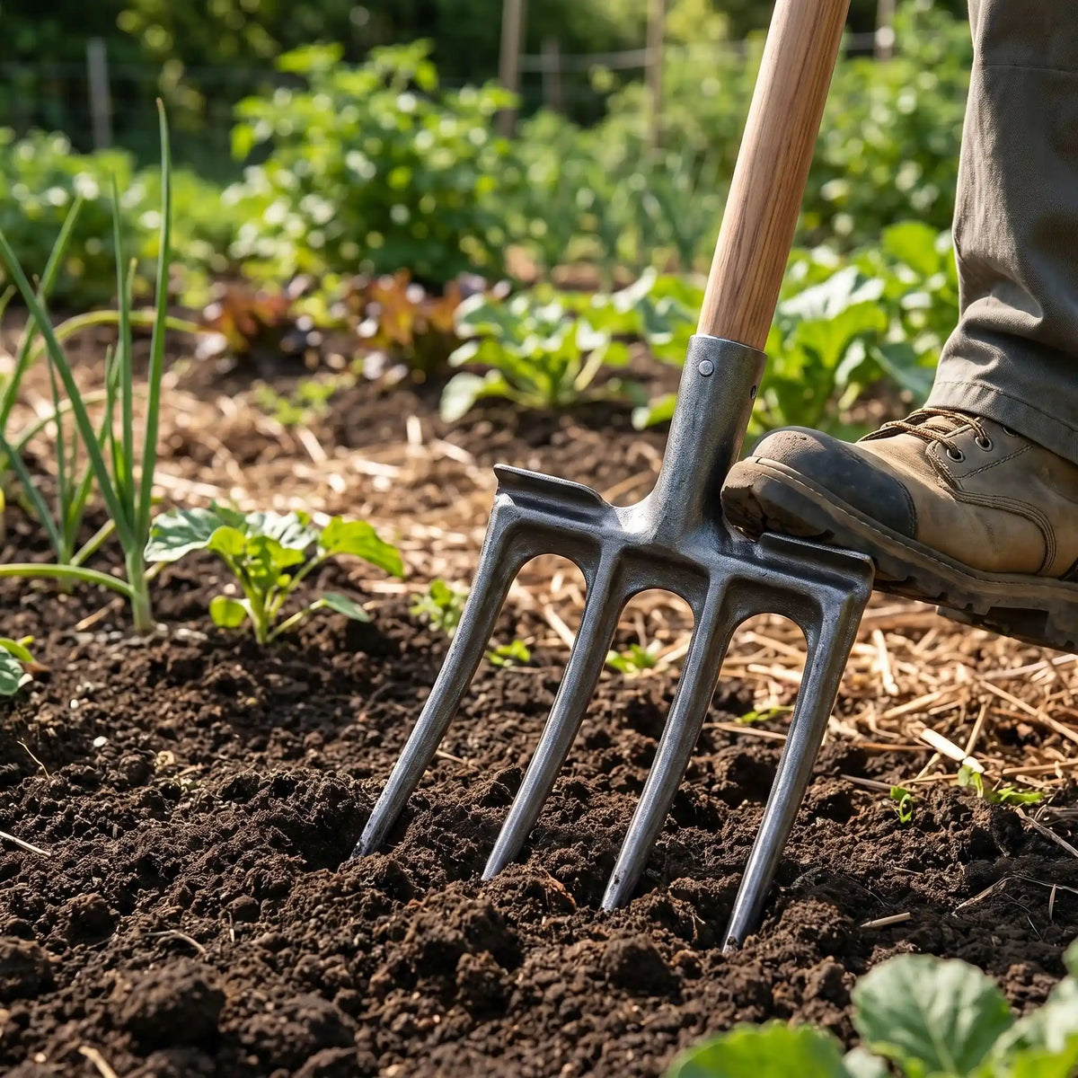 fourche jardinier 4 dents planté dans sol