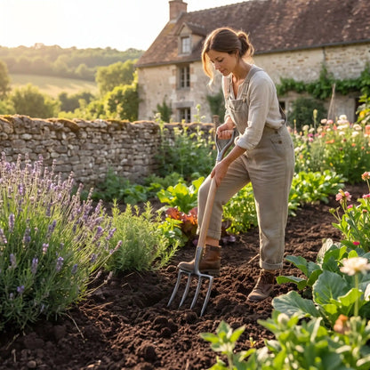 fourche jardinier uitiser par femme dans son jardin
