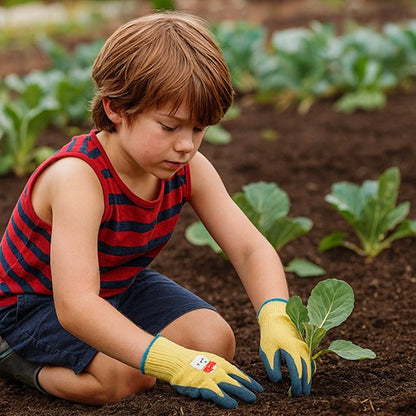 Gant de jardinage enfant qui place de la terre autour de la pantes