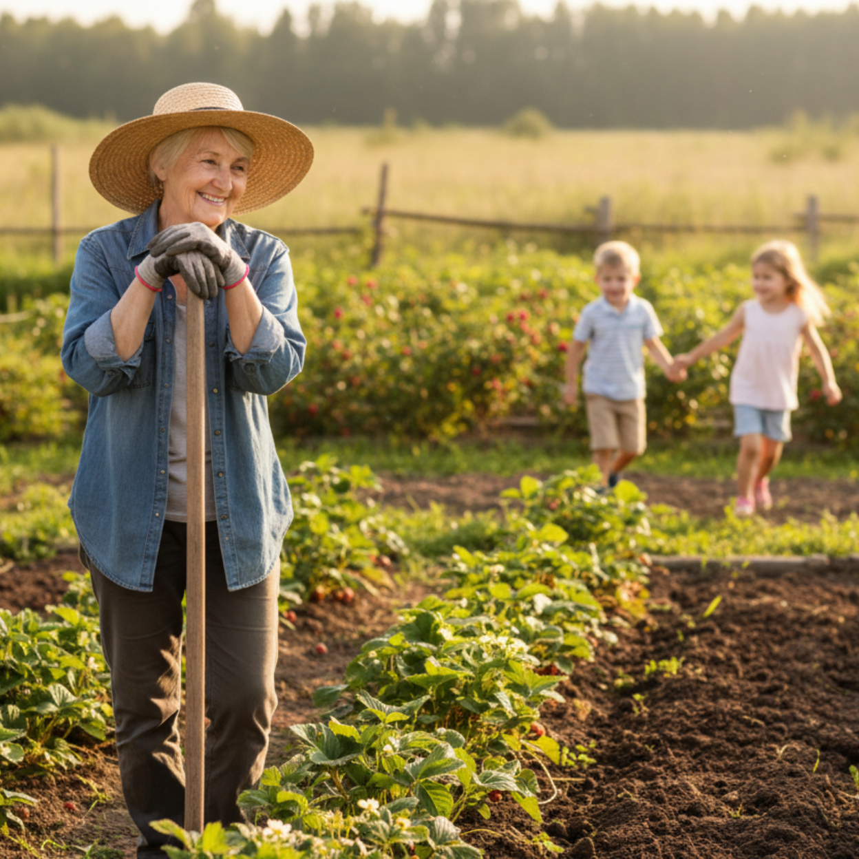 grand maman qui finit de désherber entre rangs petit fruits accoté sur le baton binette jardin avec  petits enfants courant pas loin delle