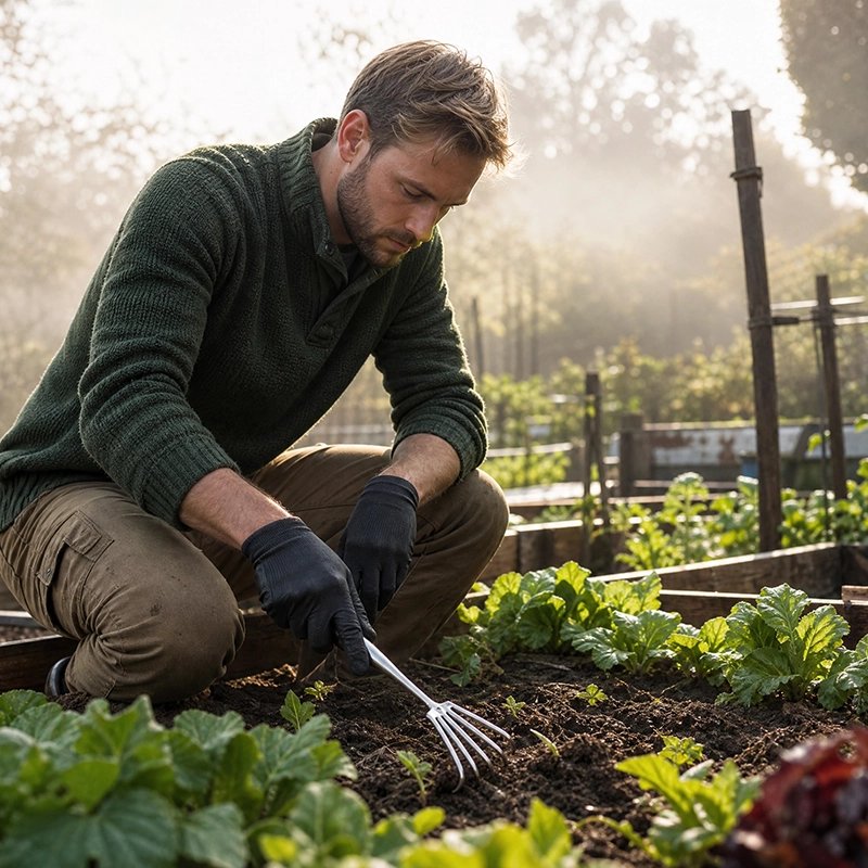 homme  accroupi qui utilise son Rateau de desherbage dans son jardin