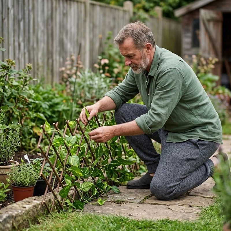 homme agenouillé qui guide la plante sur Treillis plante grimpantes