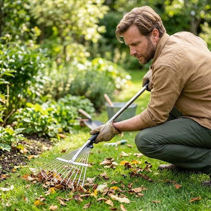 homme agenouillé qui utilise son rateau feuilles