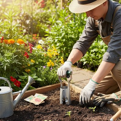 homme aui utilise son semoir au jardin