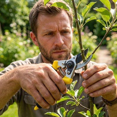 homme concentré qui utilise Sécateur pour couper branche
