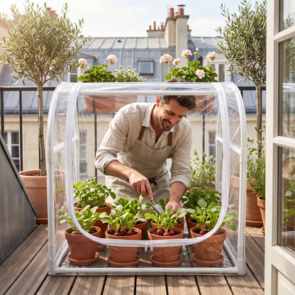 homme cultive radis dans mini serre de jardin sur balcon