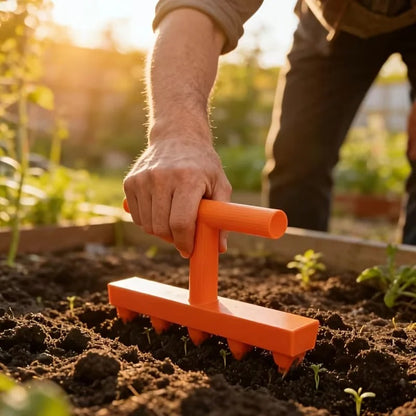 homme fait utilise semoir jardinier dans carré de jardin