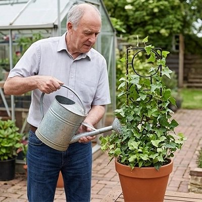 homme qui arrose le pot de plante qui grimpe sur Treillis plantes grimpantes