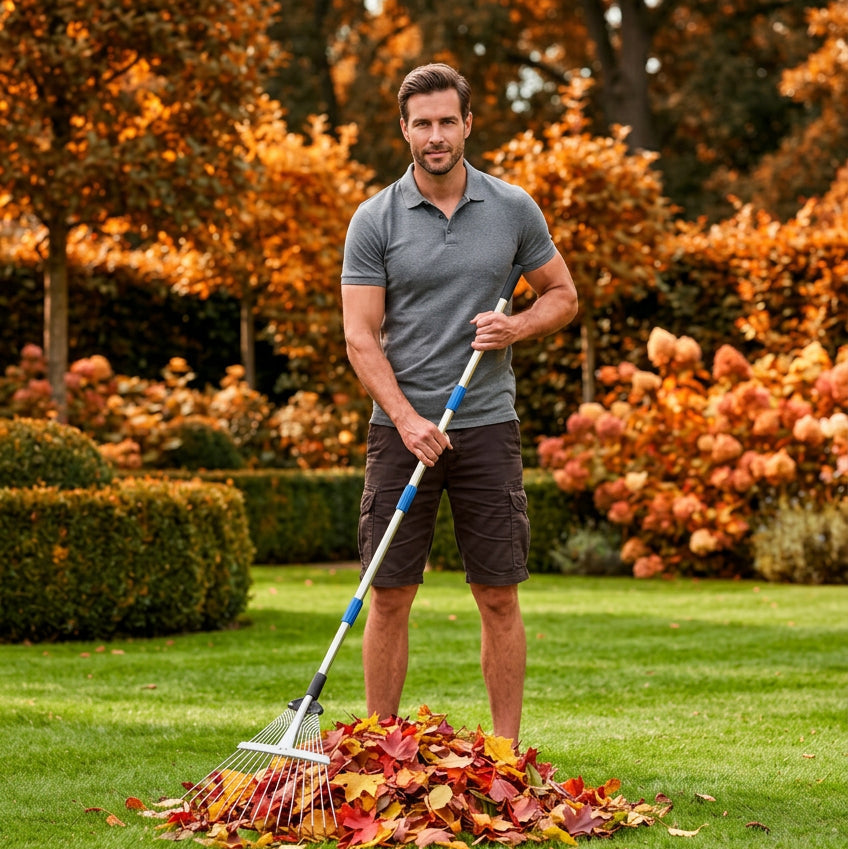 homme qui as ramassé des feuilles avec son rateau feuille