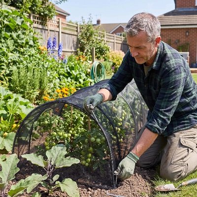 homme qui installe Serre de jardin tunnel en maille fine