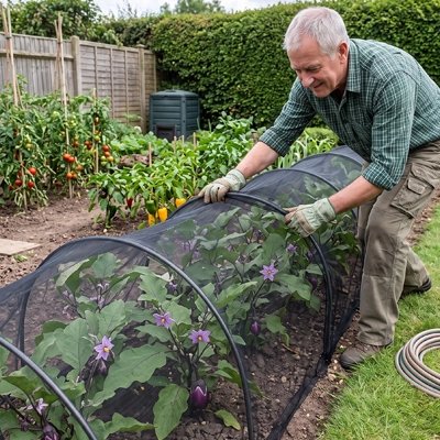 homme qui jardine et ajuste sa Serre de jardin tunnel en maille fine