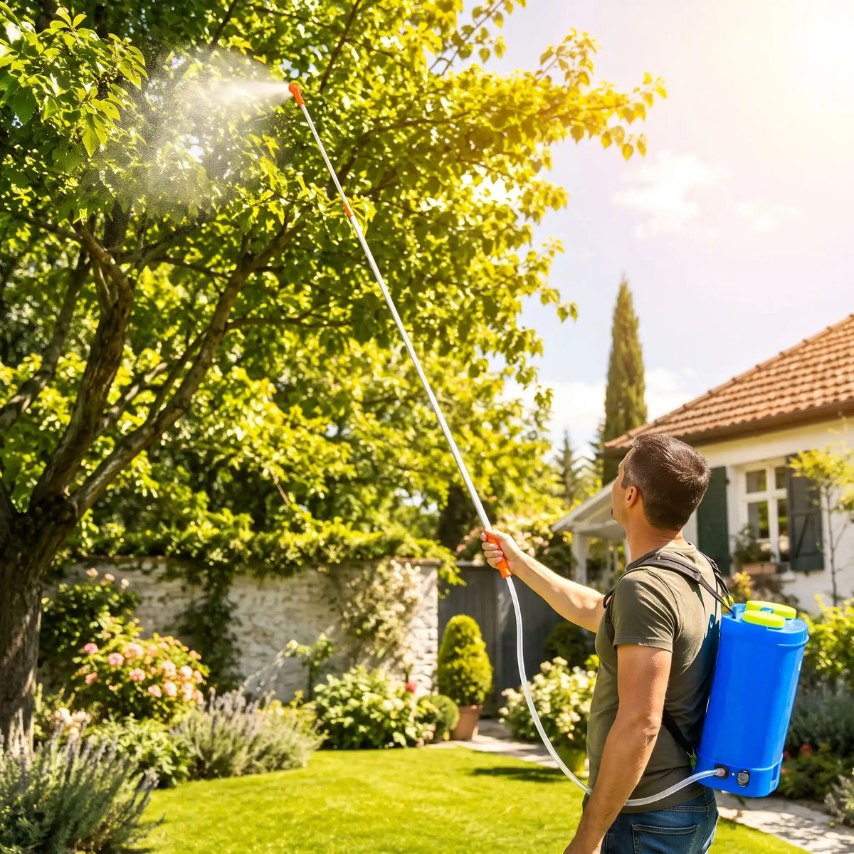 homme qui utilise lance telescopique pulverisateur pour arroser en hauteur