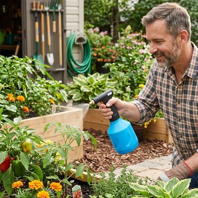homme qui utilise son petit pulvérisateur sur ses fleurs