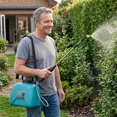 homme qui utilise son Pulverisateur jardin sur sa haie