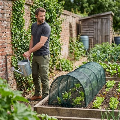 homme qui va arroser les plantes dans la Serre de jardin tunnel