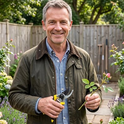homme souriant qui a utilisé Sécateur pour couper une rose