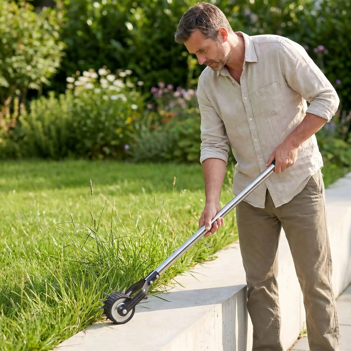 homme utilisant taille bordure manuelle rebord de ciment