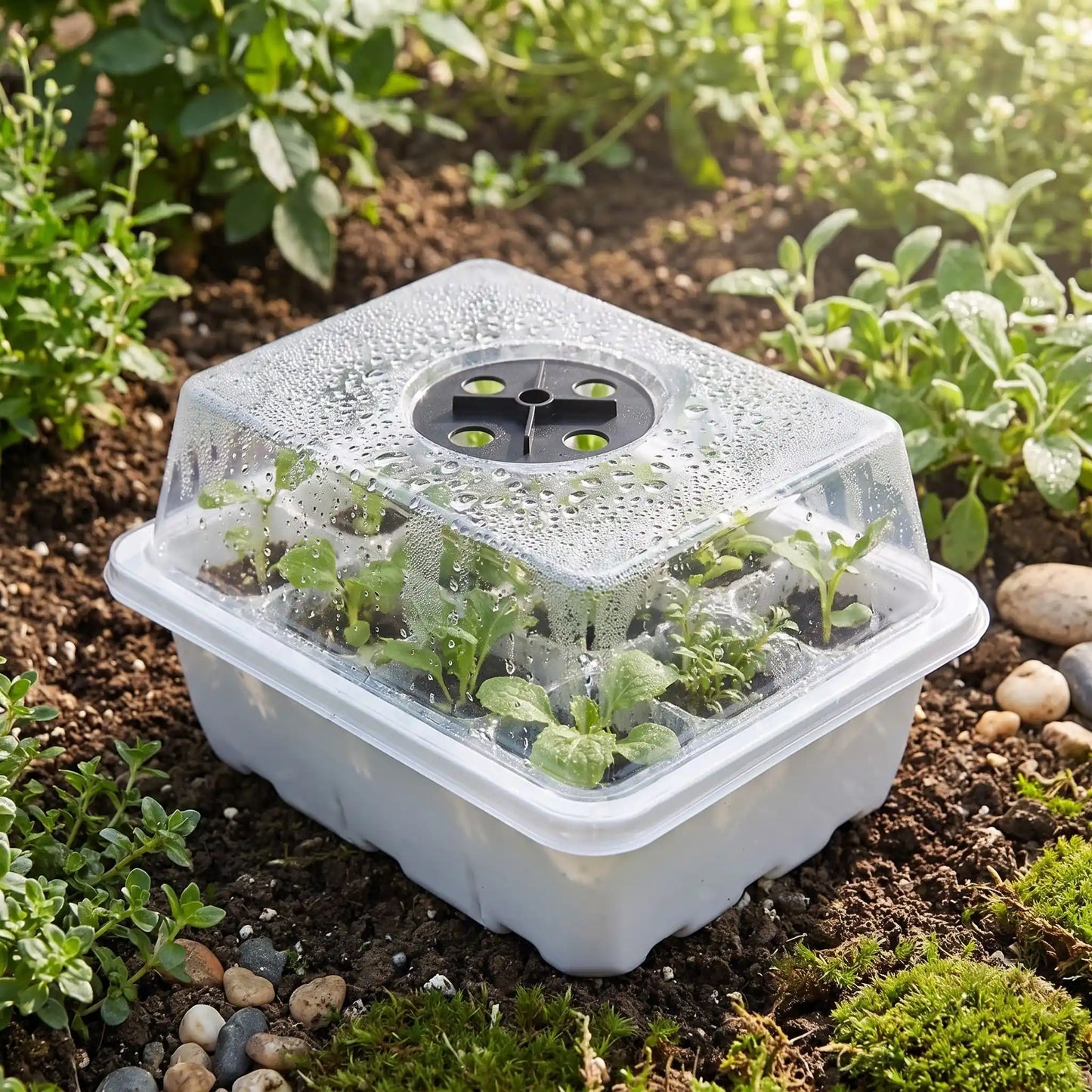 jeunes plants avec humidité dans mini serre de jardin dépose au sol-l'extérieur