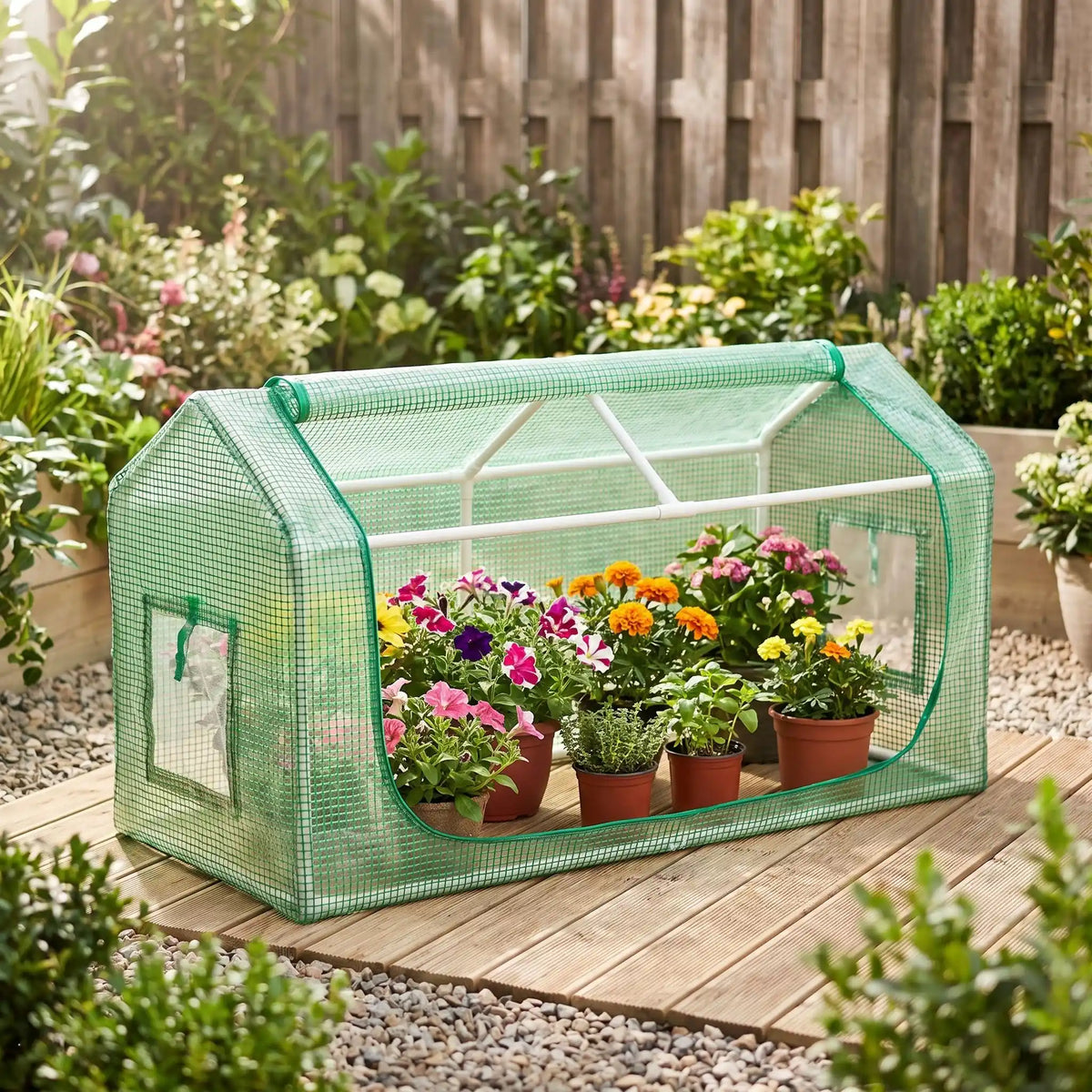 jolies fleurs protegées par petite serre de jardin