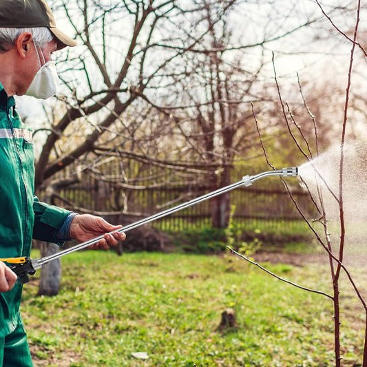 Lance pulverisateur utilisé par homme pour arroser jeunes arbres