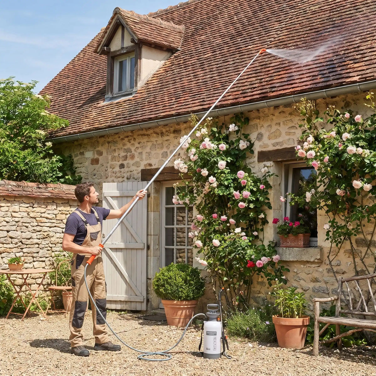 lance telescopique pulverisateur utilise par homme pour laver son toit