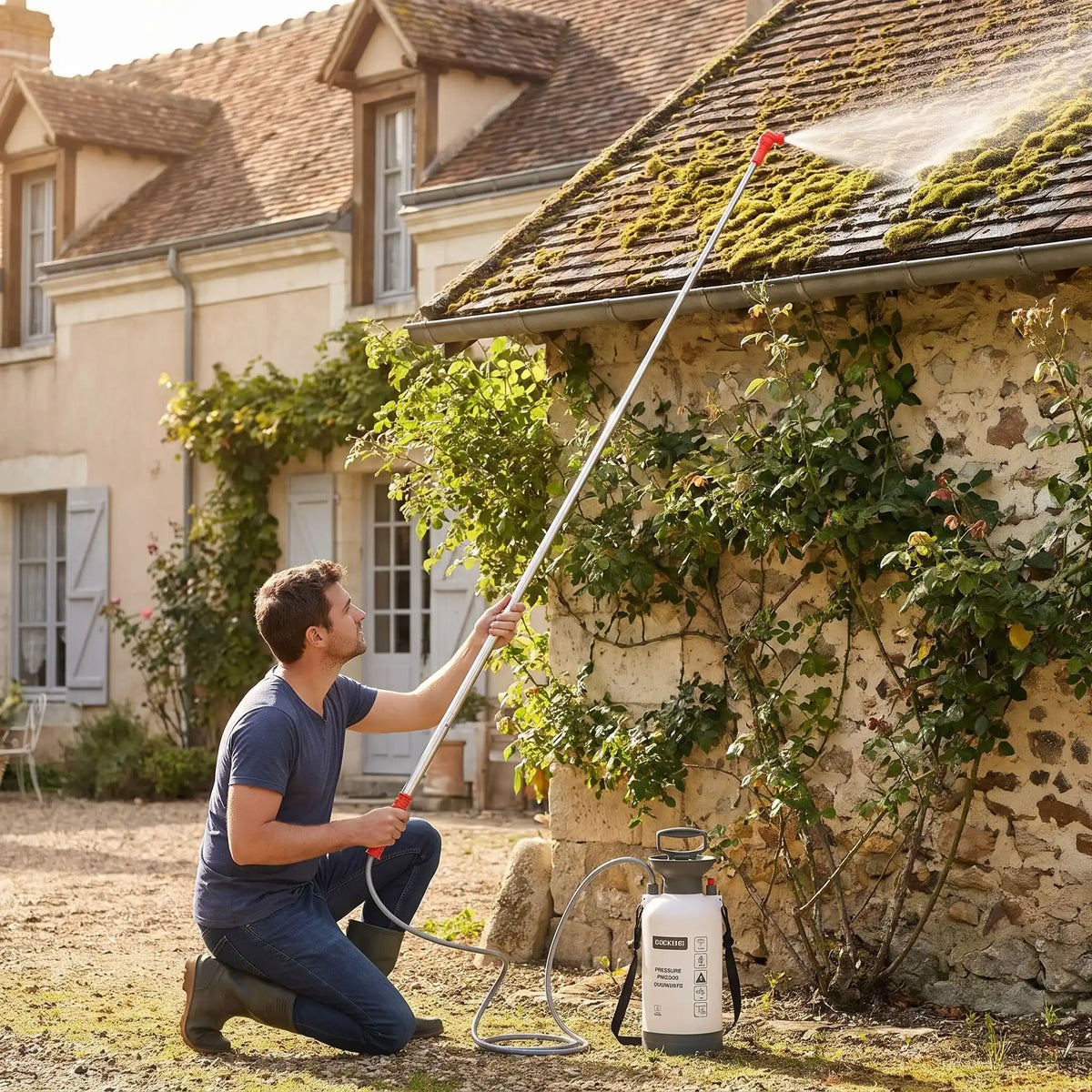 lance telescopique pulverisateur utilise pour nettoyer la mousse sur le toit