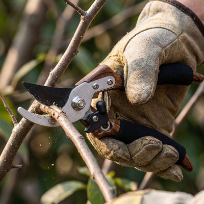 main ganté utilisant Secateur pour couper brindille