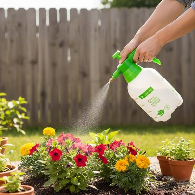 main tenant pulverisateur blanc et vert arrosant fleur