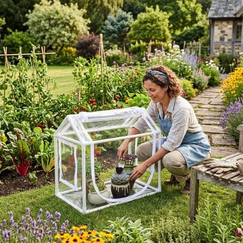 Mini serre de jardin utilisé par femme par la porte de côté