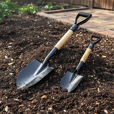 Pelle déposé au sol dans jardin