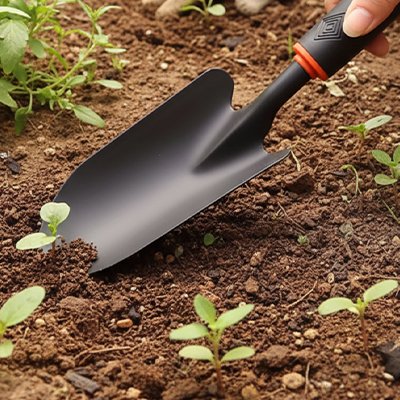 pelle jardinage planté dans terre près jeunes plantes