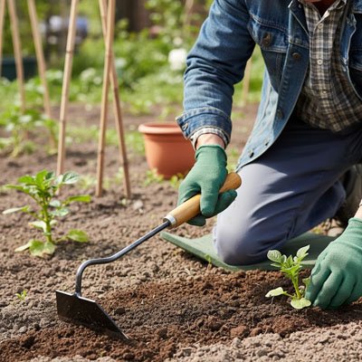 personne agenouillé binette dans main l'autre qui jardine plante sol dans jardin
