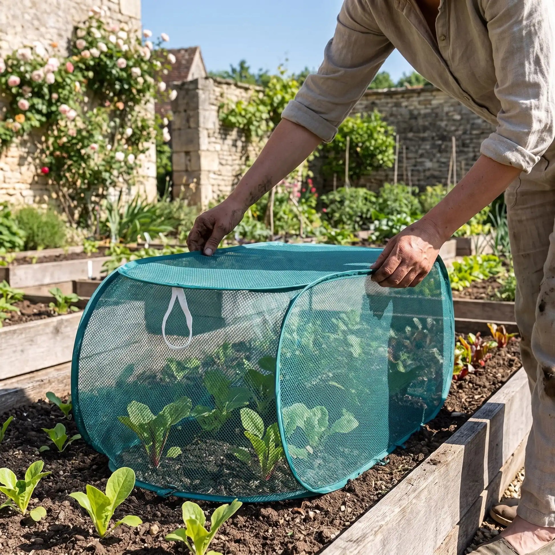 personne ajustant cette petite serre de jardin sur ses plantes 