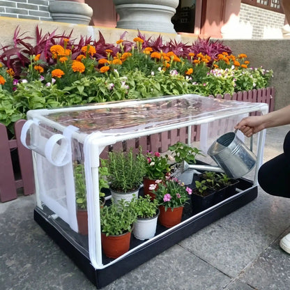 personne arrosant fleurs dans petite serre de jardin