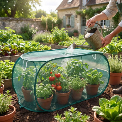 personne arrosant ses plantes protegées par cette petite serre de jardin