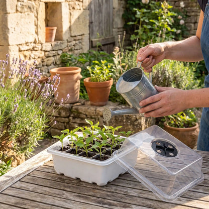 personne arrosant jeune plant dans mini serre de jardin dépose sur table extérieur