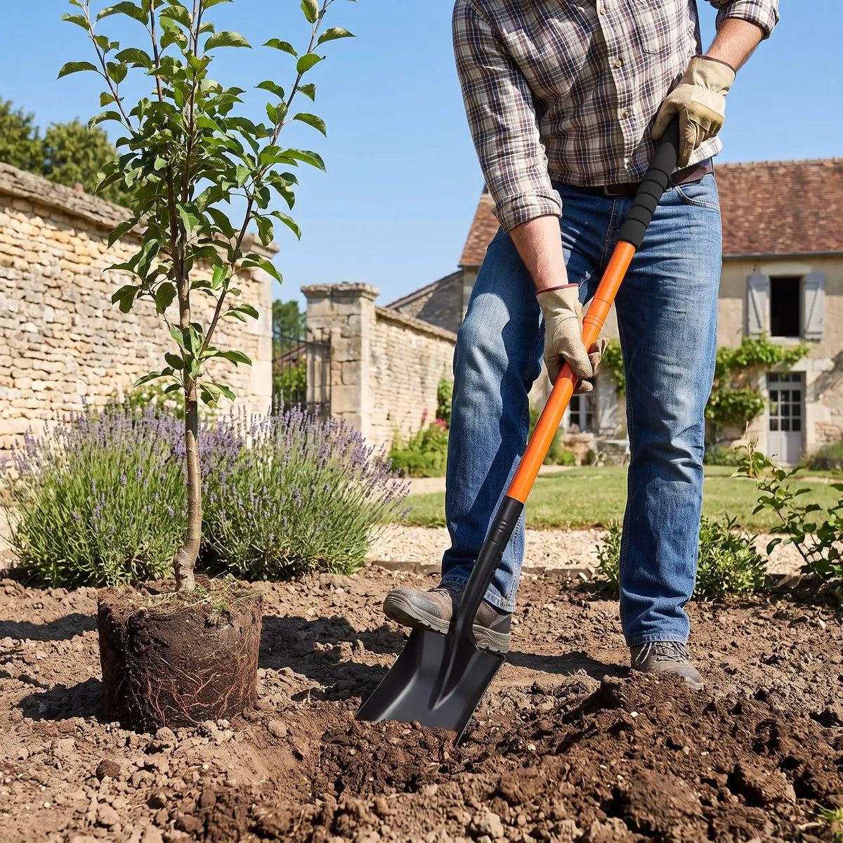 personne creusant trou avec beche jardinier pour planter arbre