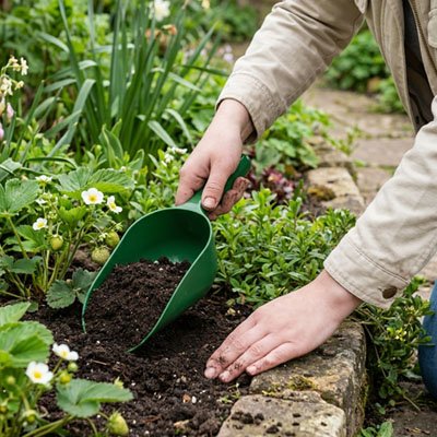 personne qui ajoute de la terre avec petite pelle jardin au  jardin de fleur