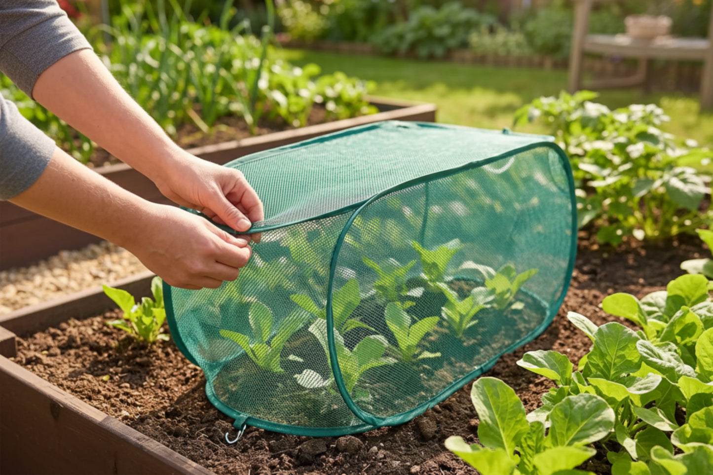 personne qui ajuste la petite serre de jardin sur ces jeunes salades