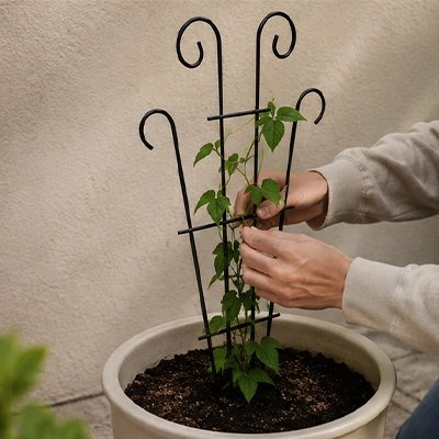 personne qui ajuste sa plante sur son Treillis pour plantes grimpantes