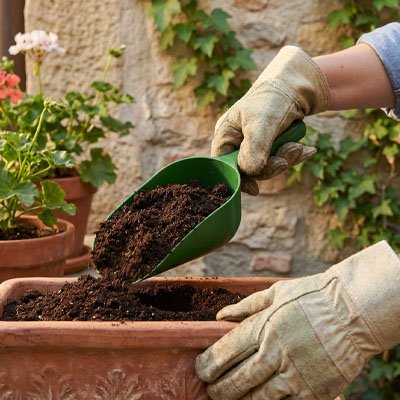 personne qui dépose terre avec petite pelle jardin dans une jardninière