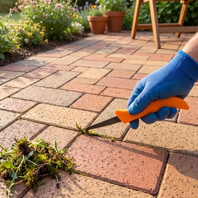 personne qui enlève herbes avec couteau desherbeur dans le pavé unis
