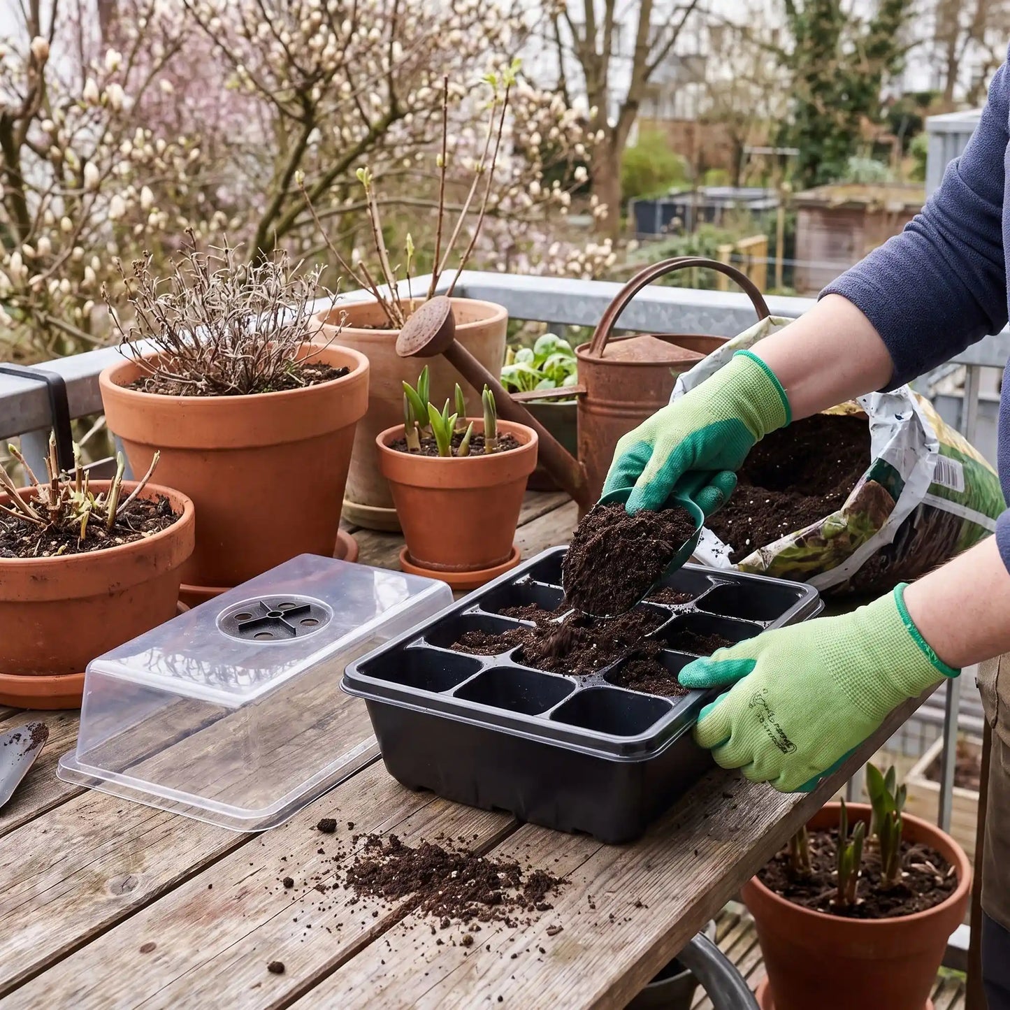personne qui jardine au printemps en mettant de la terre dans mini serre de jardin