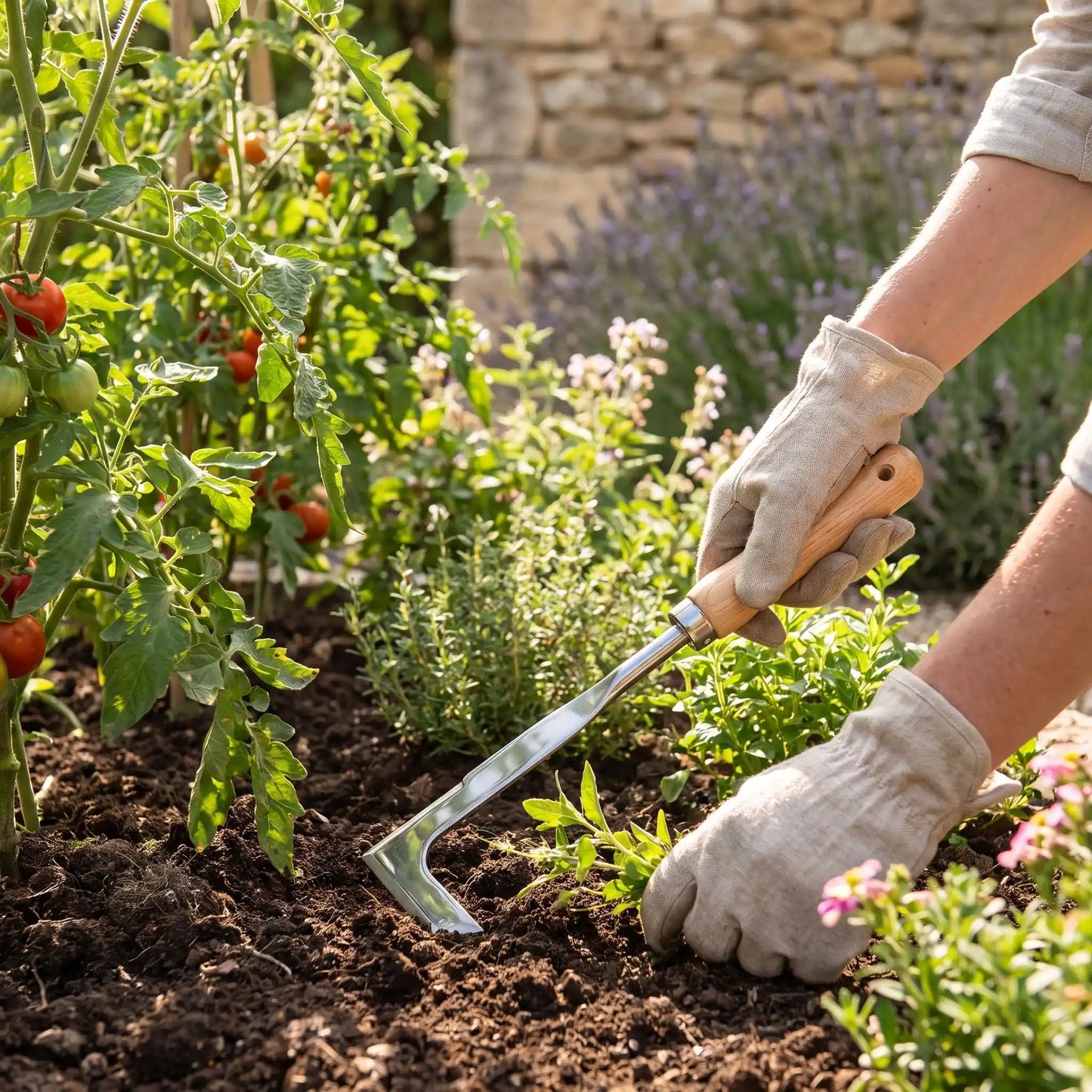 personne qui jardine avec couteau désherbeur